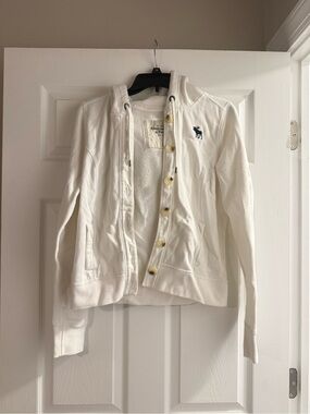 Abercrombie & Fitch White Hooded fleece lined Button-Up Sweatshirt vintage Y2K